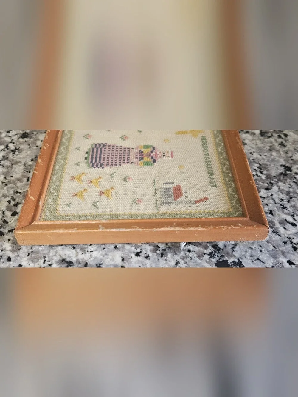 VTG Danish Scandinavian Cross Stitch Easter Church Needlepoint Framed Folk Art